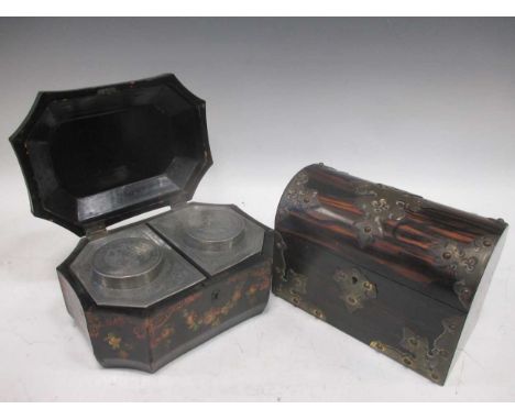 A 19th century Chinese lacquer decorated tea caddy the body painted with rose bouquets and the interior with pewter compartme