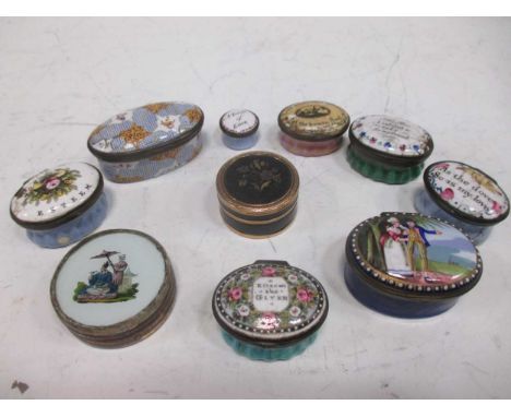 A collection of South Staffordshire enamel patch boxes, the covers inscribed Token of Esteem. As the Dove so is My Love, Este