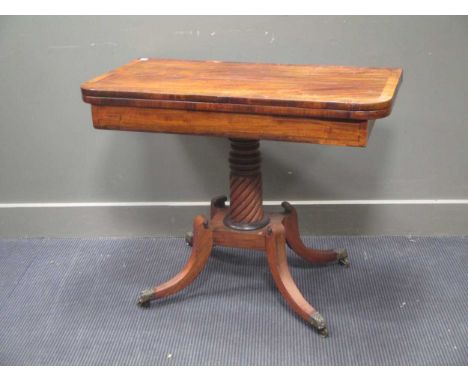 A late Regency mahogany and rosewood crossbanded card table 72cm high and 91 x 46cm