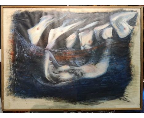 Anne Grebby (British, b.1944), Surrealist figural study, oil on paper, 55 x 65cm; Claire Burbridge (British, b.1971), a pair 