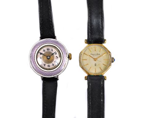 An early 20th century hallmarked silver and purple guilloche enamel decorated lady's wristwatch, the circular dial set with A