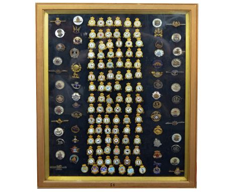 A collection of over 80 RAF Squadron lapel pin badges and over 50 further white and yellow metal and enamel regimental brooch