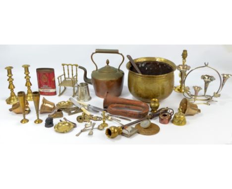 A quantity of brass, copper plated and further metalware to include weights set, candlesticks, model rocking chair, saucepan,