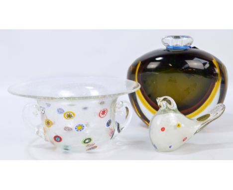 Three pieces of Murano glass, a twin handled bowl with flared rim by Gambaro Poggi, a bottle vase by Formia, height 19cm and 