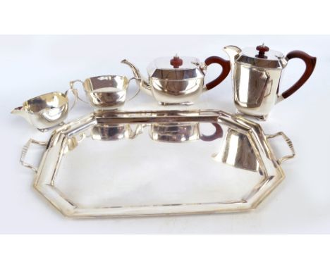 STOWER & WRAGG LTD; a George VI hallmarked silver Art Deco style five piece tea set comprising teapot of shaped rectangular f