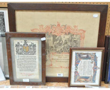 Two WWI memorial scrolls to Pte. Donald Campbell Cameron Highrs. and Serjt. Jonathan Atkinson Royal Army Medical Corps, also 