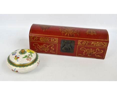 A Chinese cloisonné enamel floral decorated squat jar and cover, diameter 18cm, and a red lacquered and leather lined gilt he