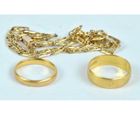 Two 22ct yellow gold wedding bands, size K and N 1/2, and a 9ct gold chain necklace, length 40cm, approx 13.4g (3).