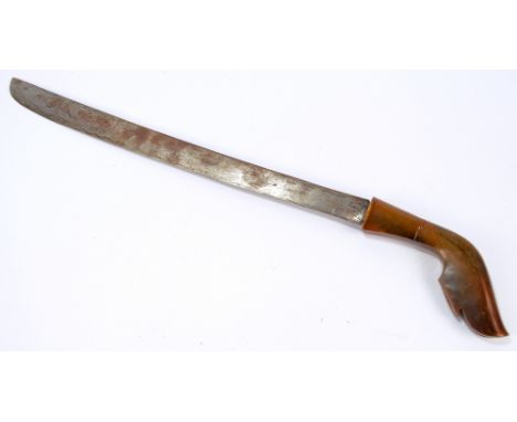 A 19th century rhinoceros horn handled hunting knife with shaped grip and slightly curved blade, length 55cm.   CONDITION REP