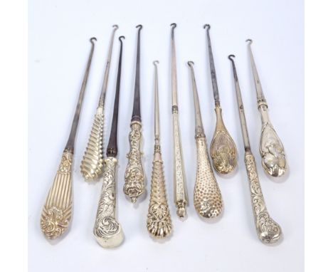 Ten large button hooks with hallmarked silver sheath handles, including two cherub decorated examples, one hammered example, 