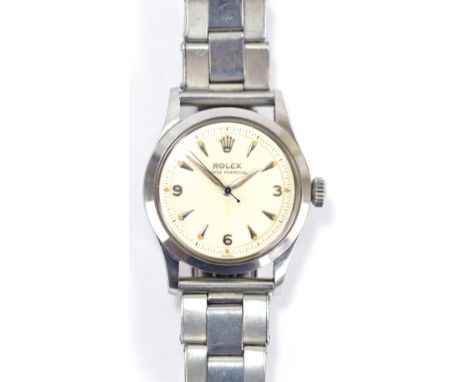 ROLEX; a gentleman's vintage stainless steel Oyster Perpetual wristwatch with circular dial, seconds outer dial with Rolex br