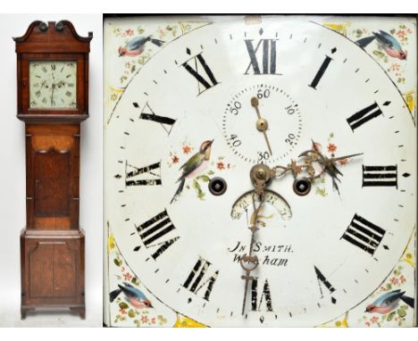 A 19th century oak and inlaid mahogany longcase clock, the broken swan neck pediment above square painted dial, set with Roma