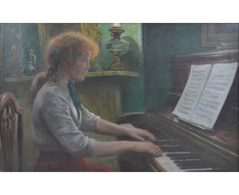 JC MORLEY; oil on board, girl playing piano with mantelpiece in the background, signed and dated to lower left, 1912, 23 x 37