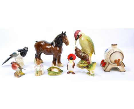 A small number of Beswick figures to include 'Shire Horse', 'Woodpecker', 'Robin', Beatrix Potter 'Hunca Munca' etc, also a H