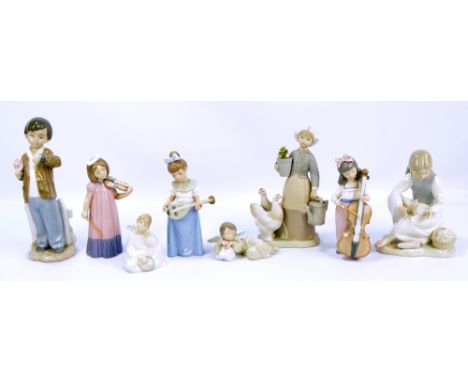 Six Nao figures to include three girls playing various instruments and a boy with a bunch of posies, also a Lladro figure of 