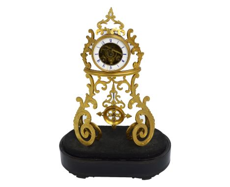A 19th century French gilt metal eight day skeleton mantel clock, the circular enamel dial set with Roman numerals (af), with