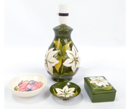 MOORCROFT; a 'White Lily' pattern tubeline decorated baluster lamp base, height 27cm including fitment, a rectangular trinket