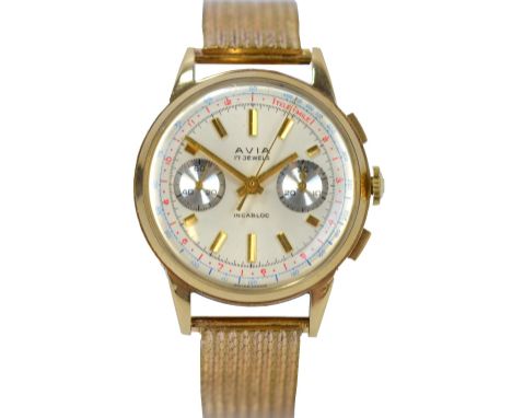 AVIA; a gentleman's vintage 9ct gold cased wristwatch with tele/mile outer dial, date calendar and subsidiary seconds dial on