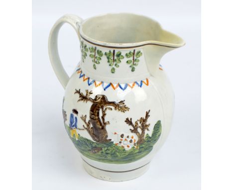 A late 18th century Prattware jug, decorated with figures hunting with guns and hounds, height 18.5cm.