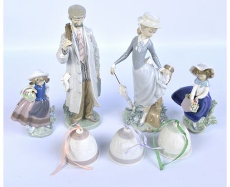 Four Lladro figures comprising lady with parasol, working man in coat (af) and two girls with flower baskets, also three Chri