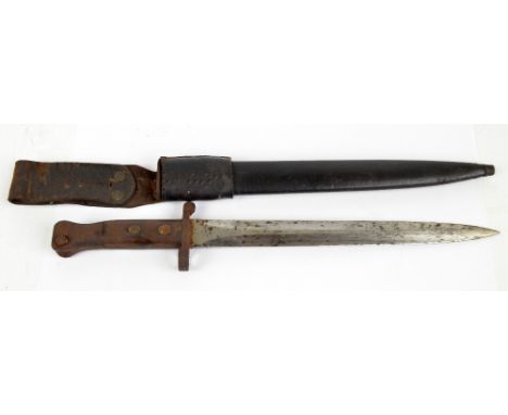 A late 19th century bayonet in leather scabbard, length 42.5cm.