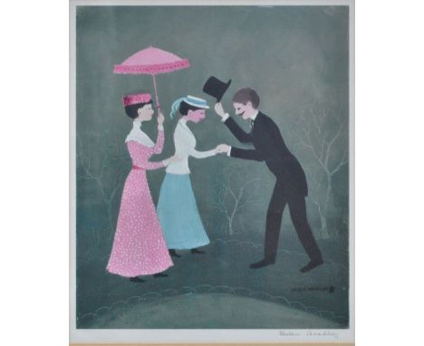 HELEN LAYFIELD BRADLEY MBE (1900-1979); a signed limited edition coloured print, 'Three Figures in The Park', signed in penci