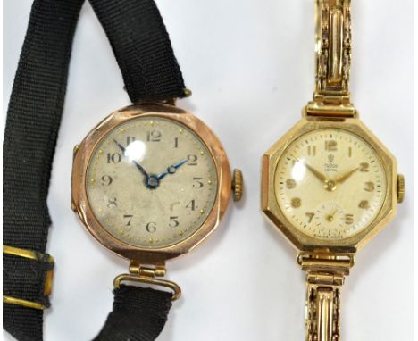 TUDOR ROYAL FOR ROLEX; a lady's 9ct yellow gold octagonal wristwatch, the cream dial with Arabic numerals and subsidiary seco