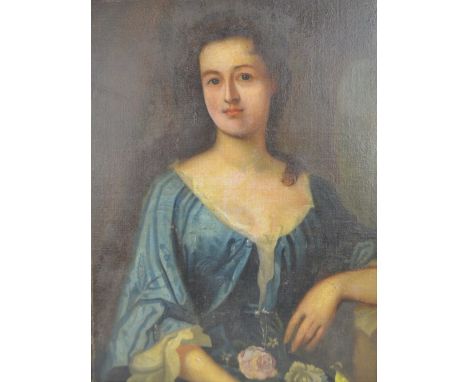 UNATTRIBUTED (late 18th century); oil on board, portrait of young lady with roses and bird, unsigned, 75 x 55.5cm, framed.