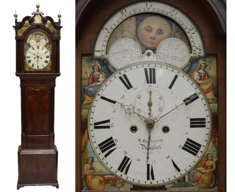 A 19th century mahogany and inlaid longcase clock with domed hood, the painted enamel moon face dial set with Roman numerals 