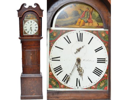 An early 19th century oak and mahogany thirty hour longcase clock, with arched painted dial af, (for restoration).