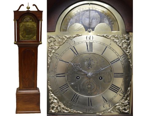 A late 18th century mahogany longcase clock, the broken swan neck pediment (af) above brass moon phase dial set with Roman nu