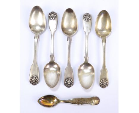 WILLIAM CHAWNER; a set of five George IV hallmarked silver fiddle and shell pattern  teaspoons, London 1828, length 14cm, als