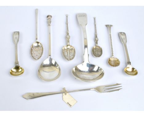 A group of various hallmarked silver spoons to include a pair of fiddle and scallop pattern mustard spoons initialled S to th