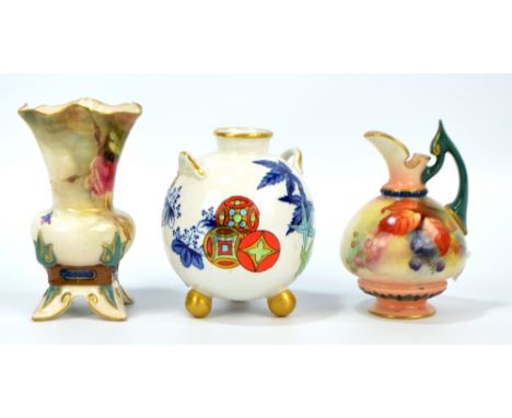 A Royal Worcester Hadley Ware vase, hand painted with floral sprays decorated with butterflies, on a moulded base with outswe