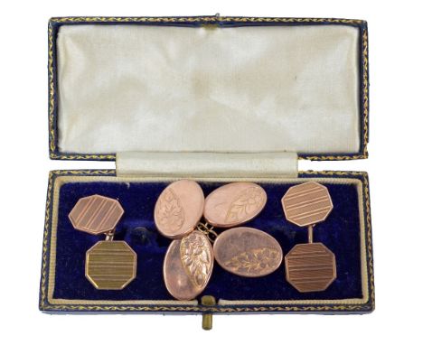 Two pairs of 9ct gold cufflinks, one pair with octagonal engine turned decorated platforms, the second with floral engraved o