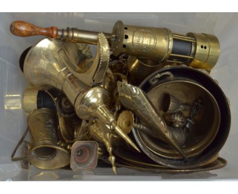 A quantity of brass to include 'The Protector' miner's safety lamp, two Middle Eastern style teapots, numerous plates, candle