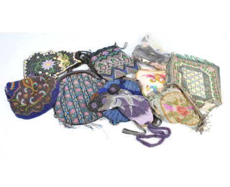 A quantity of vintage bags, including many bead examples, a floral embroidered example (af), etc.