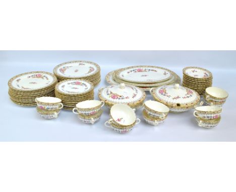 A Royal Worcester 'Lady Hamilton' pattern decorated twelve setting dinner set, mark in puce to the base 'Especially for Aspre