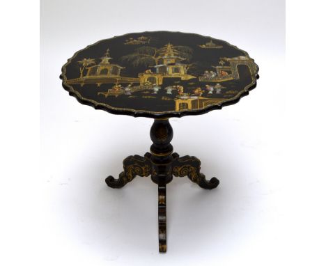 A late 19th century chinoiserie lacquered table with gilt heightened and mother of pearl inlaid figural and architectural lan