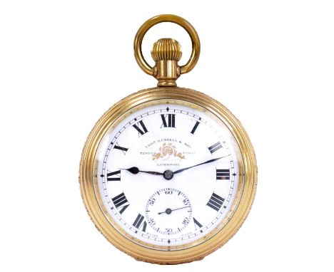 THOMAS RUSSELL & SONS; a gold plated open face crown wind pocket watch, with white enamel dial set with Roman numerals and su