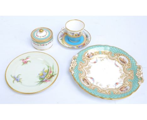 A Royal Worcester turquoise ground cup and saucer with painted floral, enamel and gilt decoration, puce mark for 1878 to base