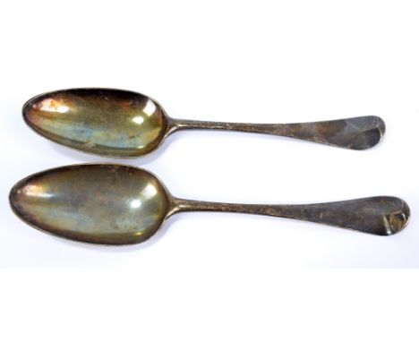 WILLIAM WITHERS; a pair of George III hallmarked silver Hanoverian pattern lace back table spoons, London 1761, each initiall