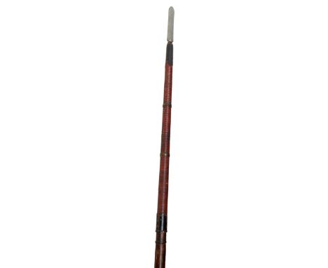 An unusual early 20th century Chinese 'Red Spear' with small shaped blade, red ribbed lacquered upper portion of shaft and co