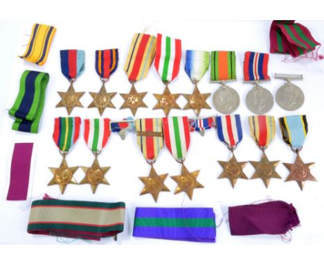 WWII 1939-1945, Africa (x3, one with 1st Army bar), Italy (x3), Pacific, Burma, Atlantic Stars, War (x2) and Defence Medals, 