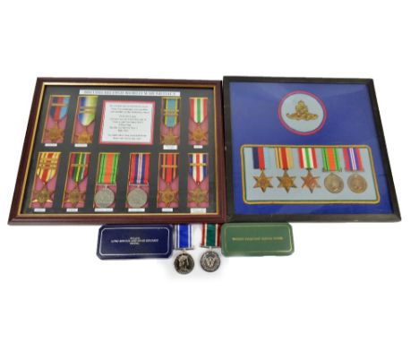 Two WWII medal groups, the first comprising War and Defence Medals, 1939-45, Africa and Italy Stars and Royal Artillery cap b