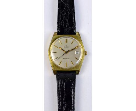 OMEGA; a gentleman's vintage 1970s plated wristwatch with shaped case, circular silver dial set with date aperture and black 