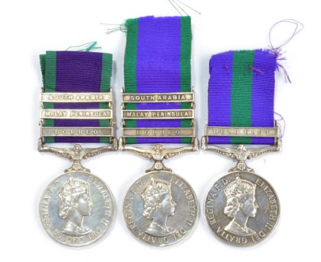 Three General Service Medals, South Arabia, Malay Peninsula and Borneo bars (to 1962-2007 issue, x2) and Near East bar (to 19