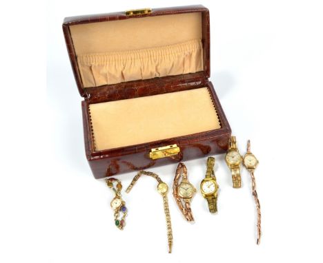 Six vintage wristwatches to include a Rotary 'Unbreakable' 9ct yellow gold cased example, on expanding rose coloured metal br