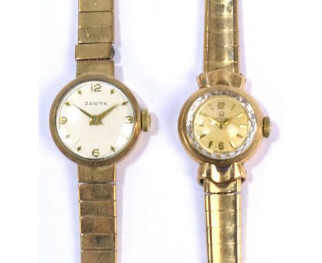 OMEGA; a lady's 9ct yellow gold wristwatch with circular dial set with gold batons and on integral 9ct gold strap, and a lady