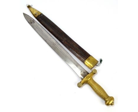 A Victorian French gladius sword with ribbed grip and stamped to the blade 'Talabot FS Paris', with leather scabbard stamped 